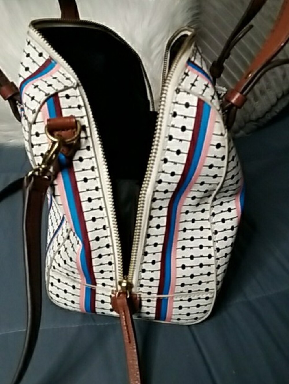 Fossil White Satchel with Brown Handles and Blue & Red Stripes - Picture 9 of 15